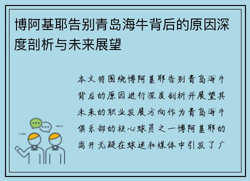 博阿基耶告别青岛海牛背后的原因深度剖析与未来展望